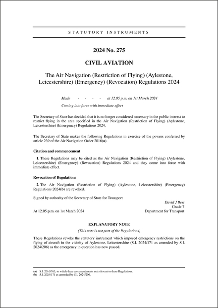 The Air Navigation (Restriction of Flying) (Aylestone, Leicestershire) (Emergency) (Revocation) Regulations 2024