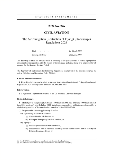 The Air Navigation (Restriction of Flying) (Stonehenge) Regulations 2024