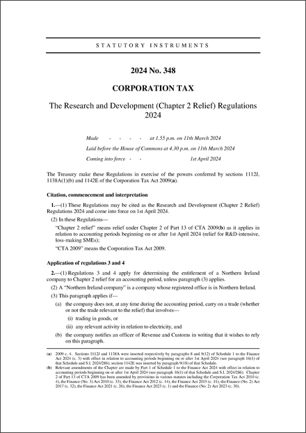 The Research and Development (Chapter 2 Relief) Regulations 2024