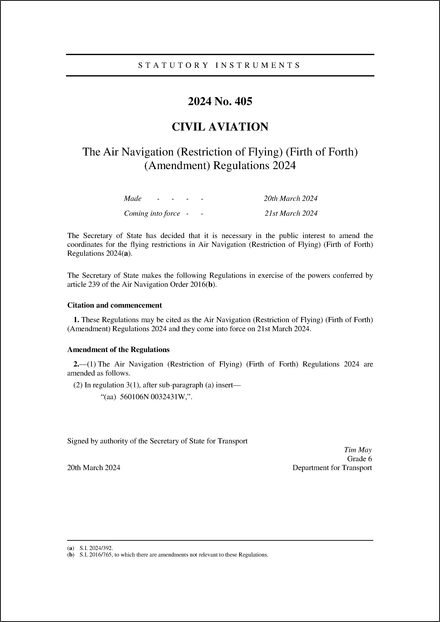 The Air Navigation (Restriction of Flying) (Firth of Forth) (Amendment) Regulations 2024