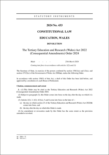 The Tertiary Education and Research (Wales) Act 2022 (Consequential Amendments) Order 2024