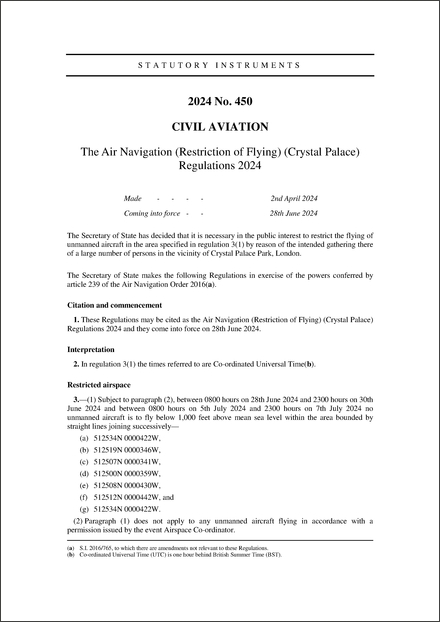 The Air Navigation (Restriction of Flying) (Crystal Palace) Regulations 2024