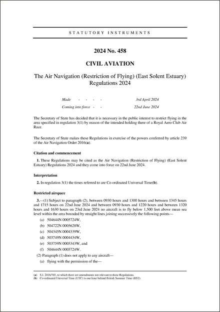 The Air Navigation (Restriction of Flying) (East Solent Estuary) Regulations 2024