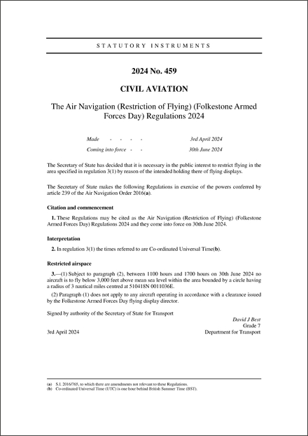 The Air Navigation (Restriction of Flying) (Folkestone Armed Forces Day) Regulations 2024