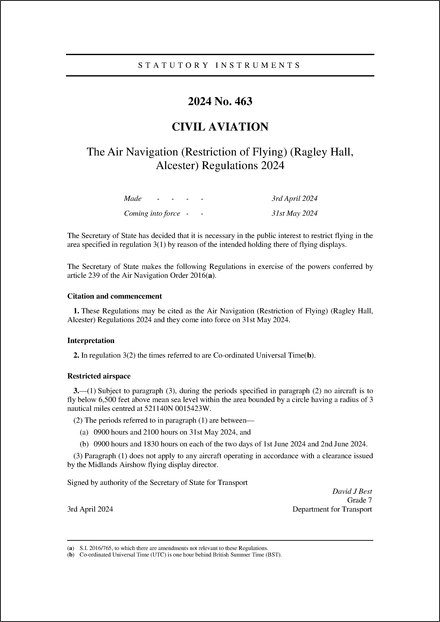 The Air Navigation (Restriction of Flying) (Ragley Hall, Alcester) Regulations 2024