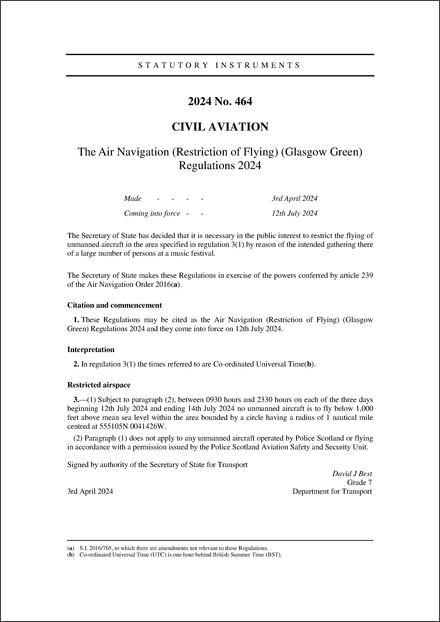 The Air Navigation (Restriction of Flying) (Glasgow Green) Regulations 2024