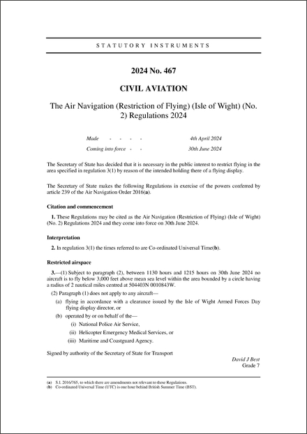 The Air Navigation (Restriction of Flying) (Isle of Wight) (No. 2) Regulations 2024