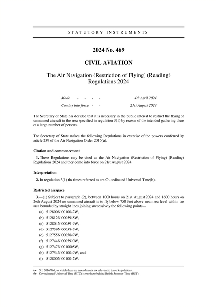 The Air Navigation (Restriction of Flying) (Reading) Regulations 2024