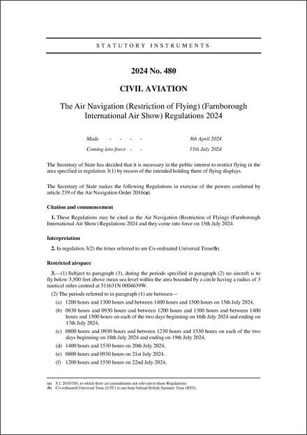 The Air Navigation (Restriction of Flying) (Farnborough International Air Show) Regulations 2024