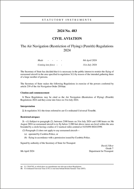 The Air Navigation (Restriction of Flying) (Penrith) Regulations 2024