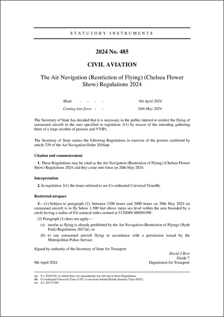 The Air Navigation (Restriction of Flying) (Chelsea Flower Show) Regulations 2024