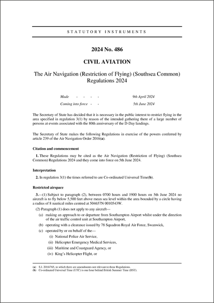 The Air Navigation (Restriction of Flying) (Southsea Common) Regulations 2024