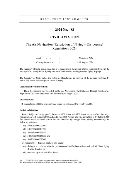 The Air Navigation (Restriction of Flying) (Eastbourne) Regulations 2024