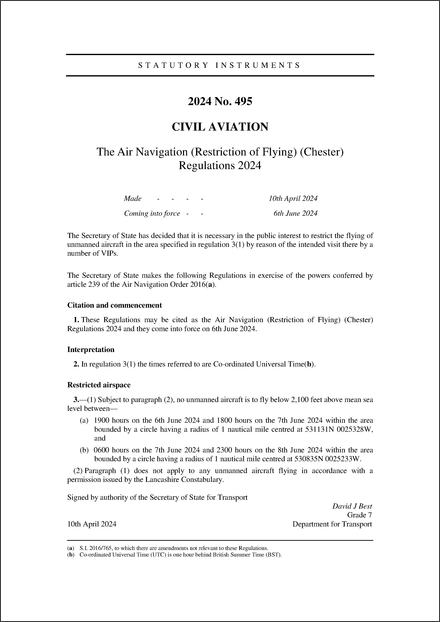 The Air Navigation (Restriction of Flying) (Chester) Regulations 2024