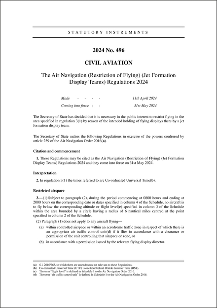 The Air Navigation (Restriction of Flying) (Jet Formation Display Teams) Regulations 2024