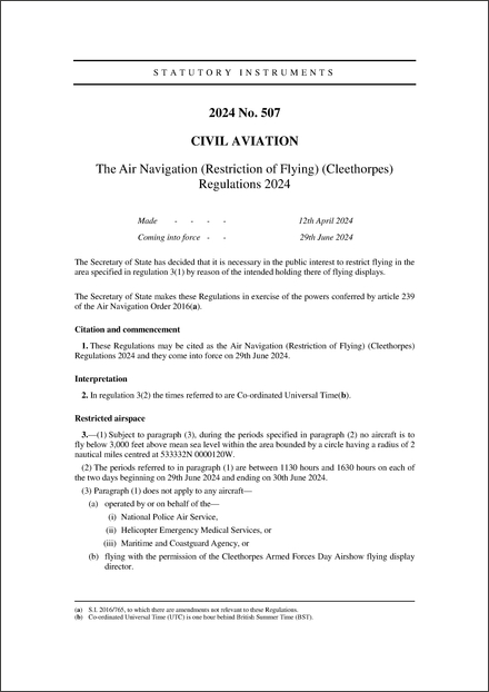 The Air Navigation (Restriction of Flying) (Cleethorpes) Regulations 2024