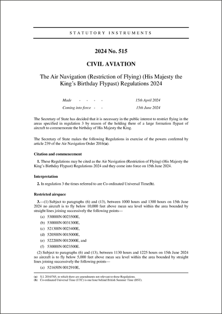 The Air Navigation (Restriction of Flying) (His Majesty the King’s Birthday Flypast) Regulations 2024