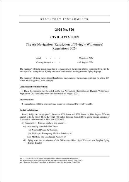 The Air Navigation (Restriction of Flying) (Withernsea) Regulations 2024