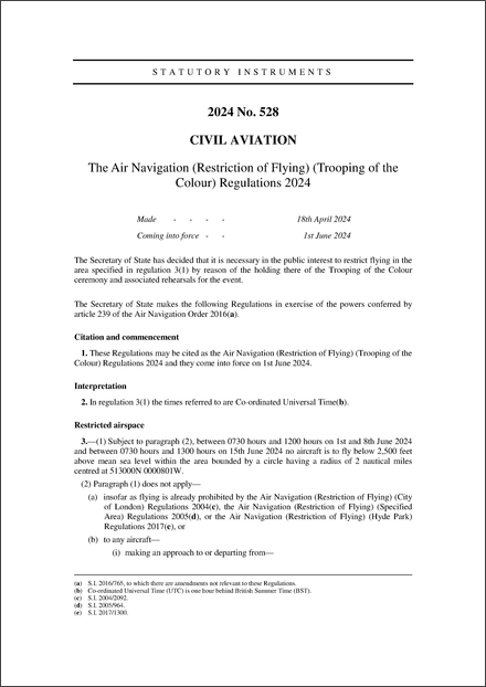 The Air Navigation (Restriction of Flying) (Trooping of the Colour) Regulations 2024