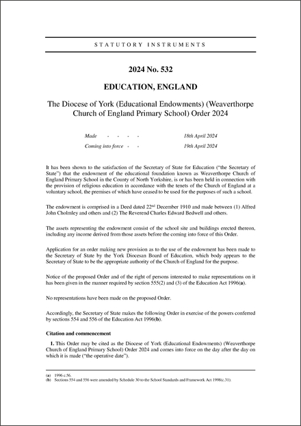 The Diocese of York (Educational Endowments) (Weaverthorpe Church of England Primary School) Order 2024
