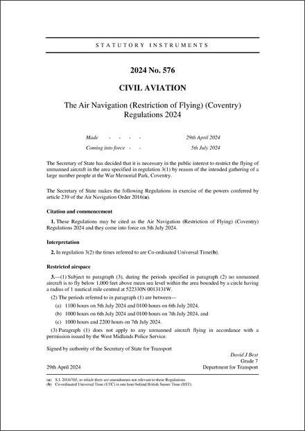 The Air Navigation (Restriction of Flying) (Coventry) Regulations 2024