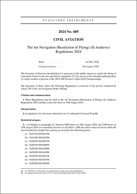The Air Navigation (Restriction of Flying) (St Andrews) Regulations 2024