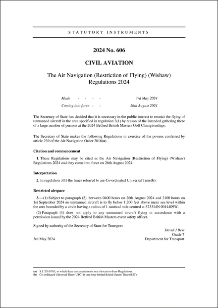The Air Navigation (Restriction of Flying) (Wishaw) Regulations 2024