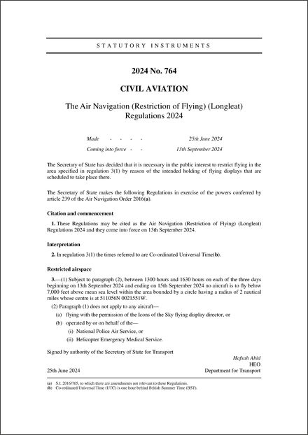 The Air Navigation (Restriction of Flying) (Longleat) Regulations 2024