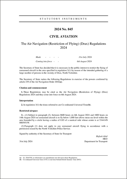 The Air Navigation (Restriction of Flying) (Drax) Regulations 2024