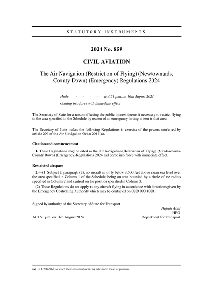 The Air Navigation (Restriction of Flying) (Newtownards, County Down) (Emergency) Regulations 2024