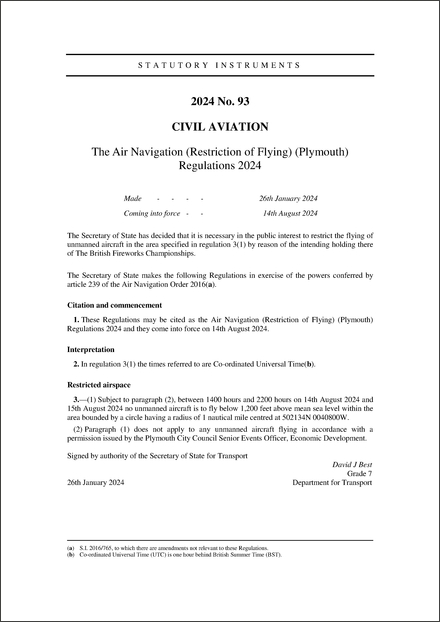 The Air Navigation (Restriction of Flying) (Plymouth) Regulations 2024