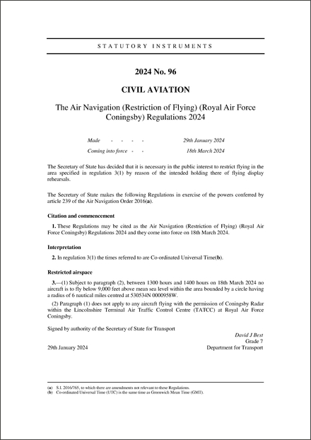 The Air Navigation (Restriction of Flying) (Royal Air Force Coningsby) Regulations 2024
