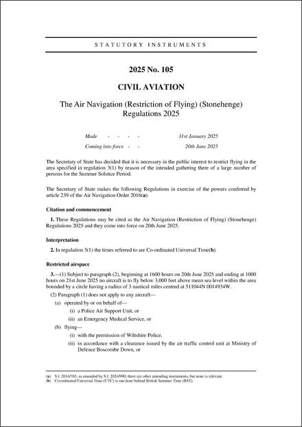 The Air Navigation (Restriction of Flying) (Stonehenge) Regulations 2025