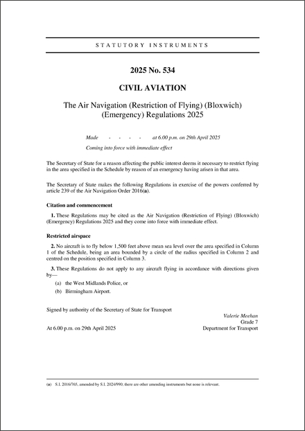 The Air Navigation (Restriction of Flying) (Bloxwich) (Emergency) Regulations 2025