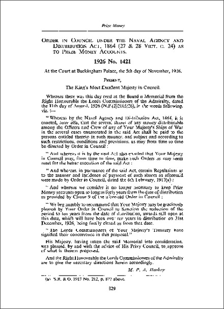 Order in Council dated 5 November 1926, approving regulations as to Prize Money Accounts (1926)