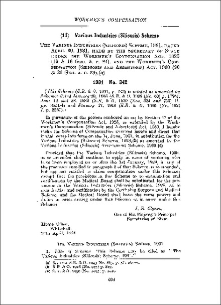 Various Industries (Silicosis) Scheme 1931