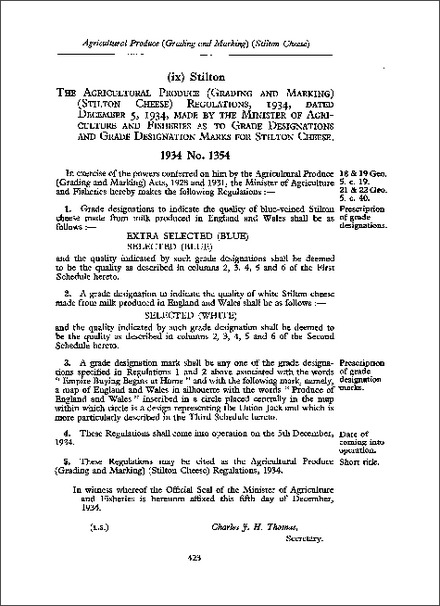 Agricultural Produce (Grading and Marking) (Stilton Cheese) Regulations 1934