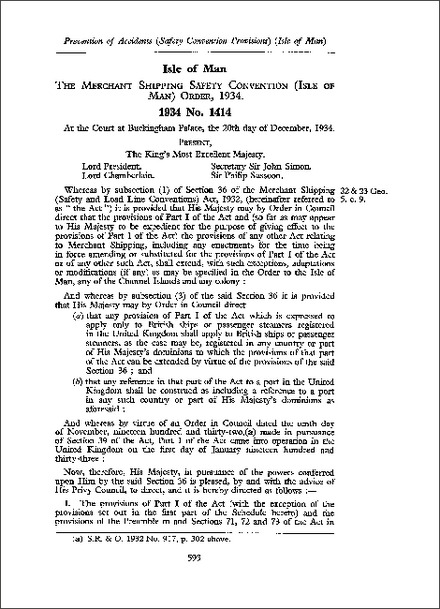 Merchant Shipping Safety Convention (Isle of Man) Order 1934