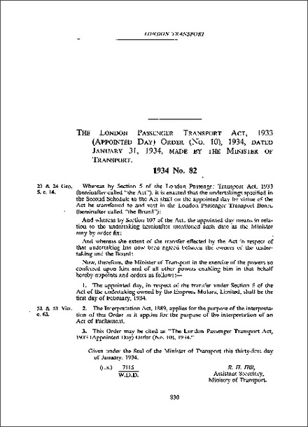 London Passenger Transport Act 1933 (Appointed Day) Order (No 10) 1934
