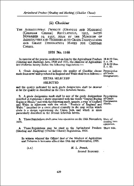 Agricultural Produce (Grading and Marking) (Cheddar Cheese) Regulations 1935