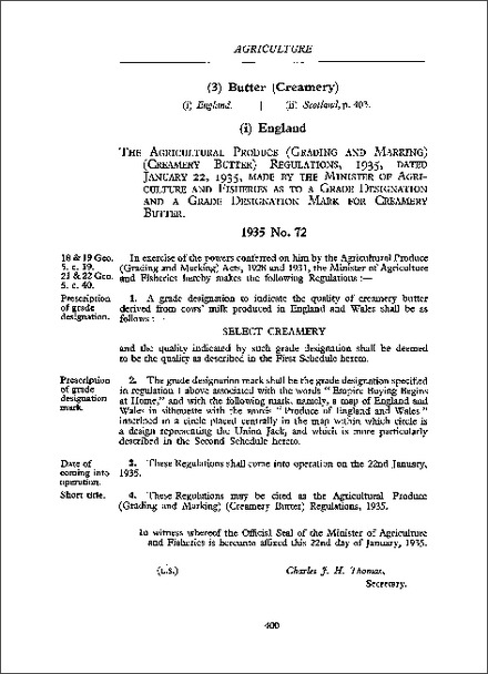 Agricultural Produce (Grading and Marking) (Creamery Butter) Regulations 1935