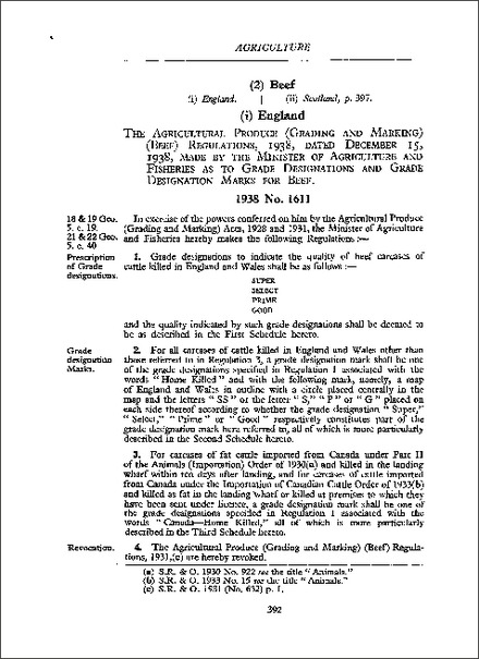 Agricultural Produce (Grading and Marking) (Beef) Regulations 1938