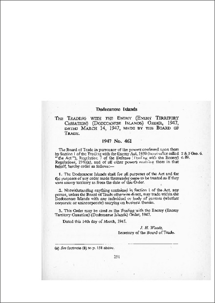 Trading with the Enemy (Enemy Territory Cessation) (Dodecanese Islands) Order 1947