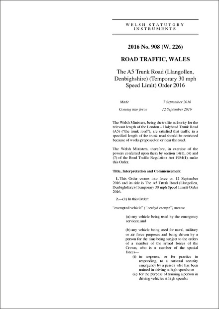 The A5 Trunk Road (Llangollen, Denbighshire) (Temporary 30 mph Speed Limit) Order 2016