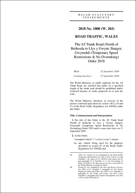 The A5 Trunk Road (North of Bethesda to Llys y Gwynt, Bangor, Gwynedd) (Temporary Speed Restrictions & No Overtaking) Order 2018
