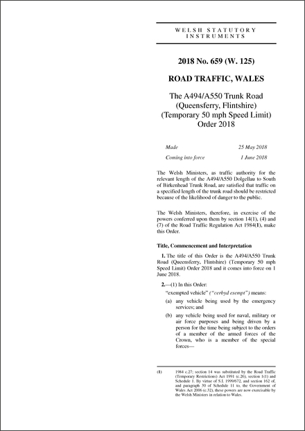 The A494/A550 Trunk Road (Queensferry, Flintshire) (Temporary 50 mph Speed Limit) Order 2018