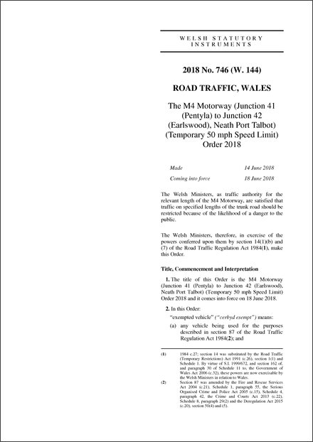 The M4 Motorway (Junction 41 (Pentyla) to Junction 42 (Earlswood), Neath Port Talbot) (Temporary 50 mph Speed Limit) Order 2018