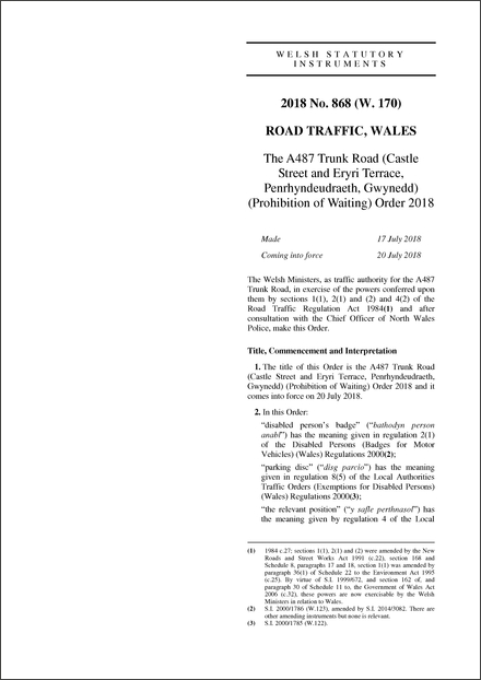 The A487 Trunk Road (Castle Street and Eryri Terrace, Penrhyndeudraeth, Gwynedd) (Prohibition of Waiting) Order 2018
