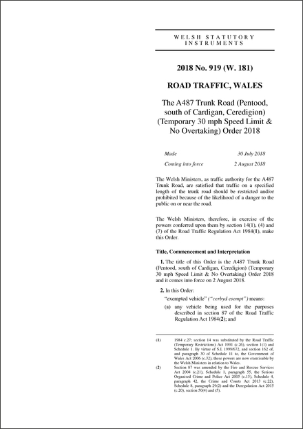 The A487 Trunk Road (Pentood, south of Cardigan, Ceredigion) (Temporary 30 mph Speed Limit & No Overtaking) Order 2018
