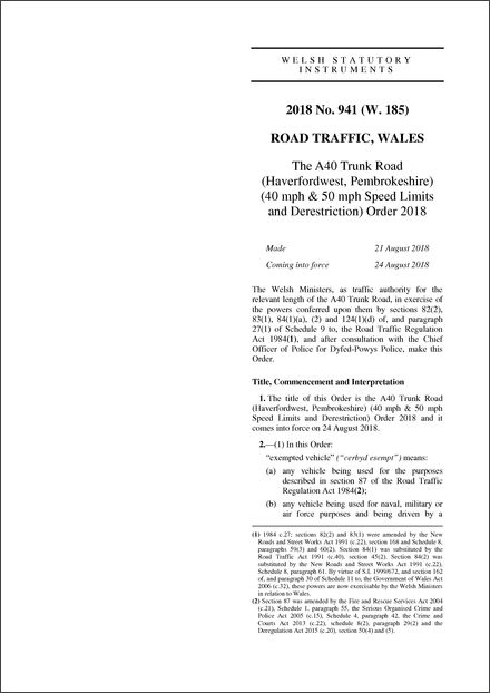 The A40 Trunk Road (Haverfordwest, Pembrokeshire) (40 mph & 50 mph Speed Limits and Derestriction) Order 2018